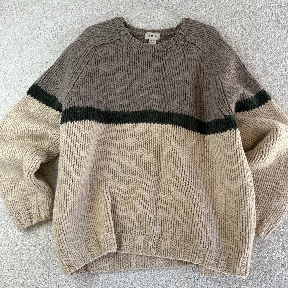 Vintage J.Crew Hand Knit Wool Sweater Men's XLT Colorblock Beige Brown $228